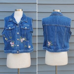Vintage 90s y2k Floral Flower Embroidered Cottagecore Denim Jean Trucker Vest Lg